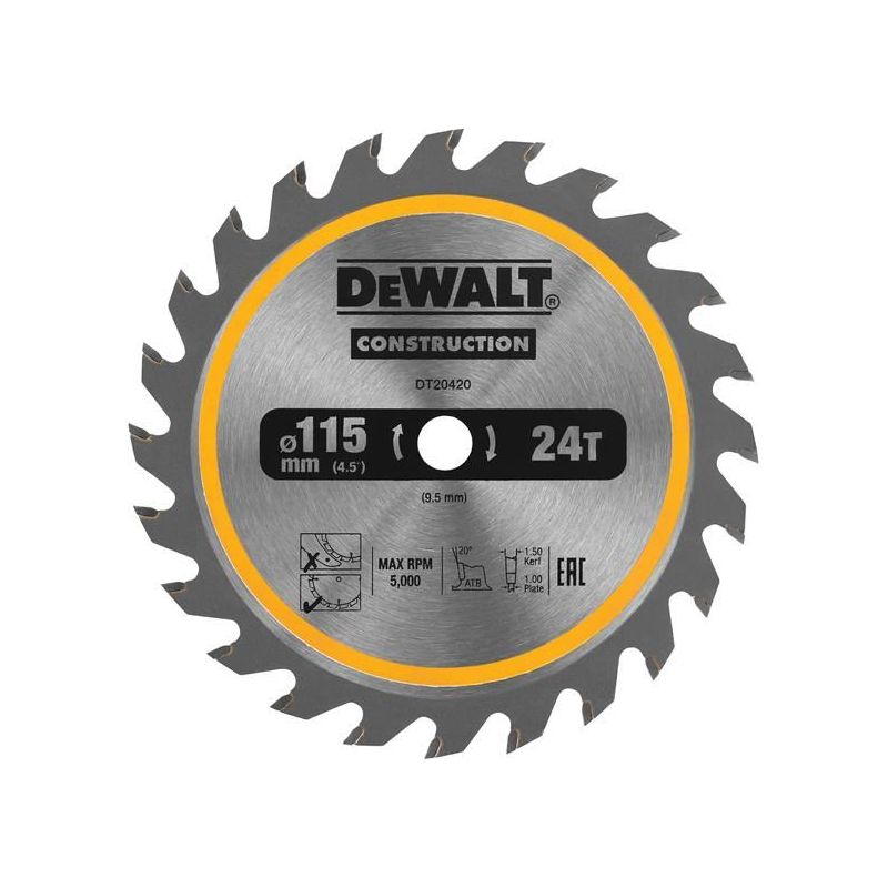 Dewalt Power Tools DT20420 TCT Construction Circular Saw Blade 115 x 9.5mm x 24T DeWALT Power Tools - RockBottom Northampton