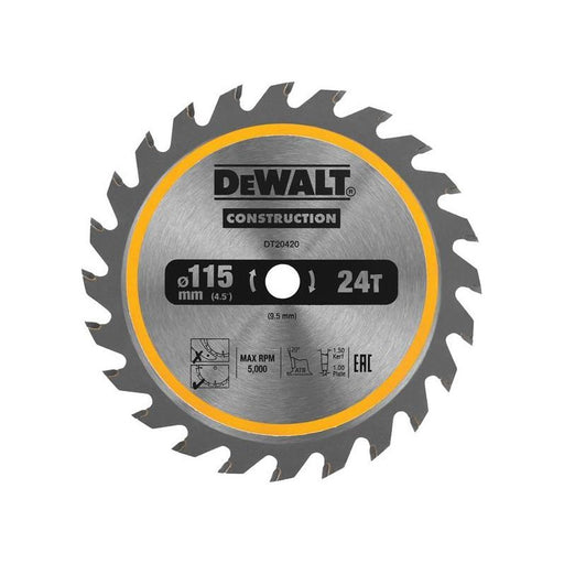 Dewalt Power Tools DT20420 TCT Construction Circular Saw Blade 115 x 9.5mm x 24T DeWALT Power Tools - RockBottom Northampton