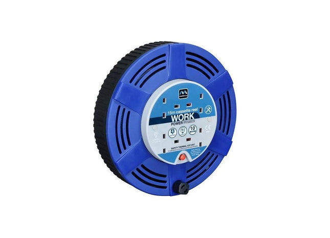 Masterplug Cassette Cable Reel 240V 10A 4-Socket Thermal Cut-Out Blue 15m Masterplug - RockBottom Northampton
