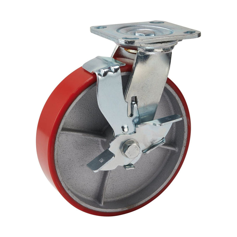 Swivel Plate Fixing Heavy Duty Polyurethane Wheel with Brake, 200mm Diameter, S.W.L. 500kg Draper - Town Tools