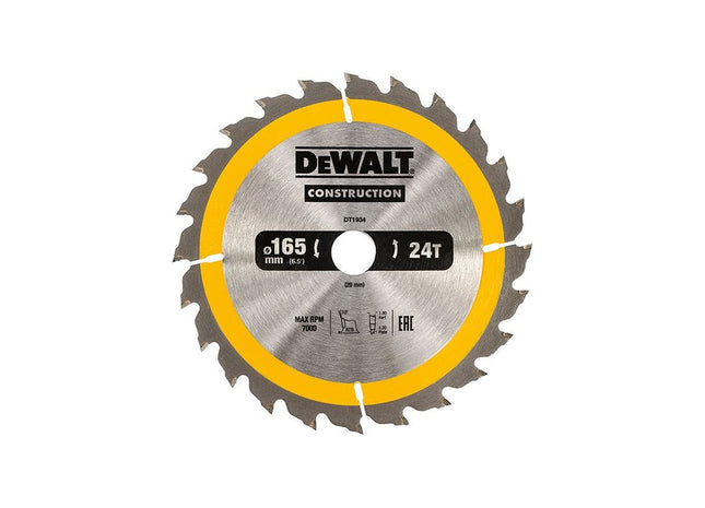 Dewalt Power Tools Portable Construction Circular Saw Blade 165 x 20mm x 24T DeWALT Power Tools - RockBottom Northampton