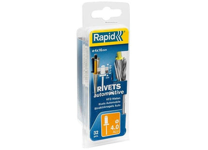 Rapid Automotive Rivets 4 x 16mm 4 Colours Blister of 32 Rapid - RockBottom Nothampton