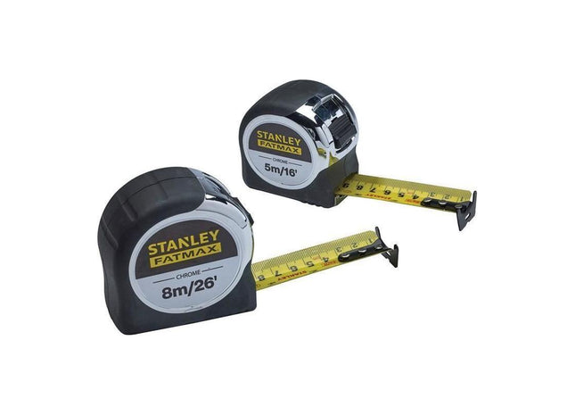 Stanley® Hand Tools FatMax® Chrome Pocket Tapes 5m/16ft & 8m/26ft (Twin Pack) STANLEY® Hand Tools - RockBottom Nothampton