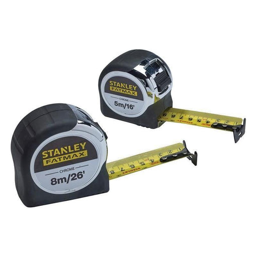 Stanley® Hand Tools FatMax® Chrome Pocket Tapes 5m/16ft & 8m/26ft (Twin Pack) STANLEY® Hand Tools - RockBottom Nothampton