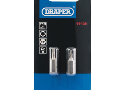 Draper TX-STAR Insert Bit, 1/4" Hex, 25mm Long, T10 (Pack of 2) Draper - Town Tools 