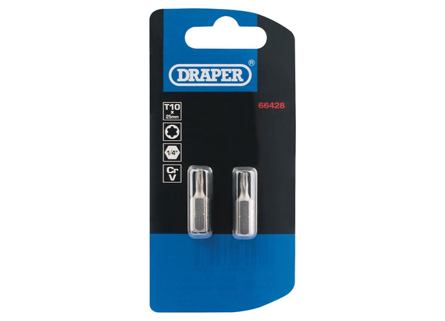 Draper TX-STAR Insert Bit, 1/4" Hex, 25mm Long, T10 (Pack of 2) Draper - Town Tools 