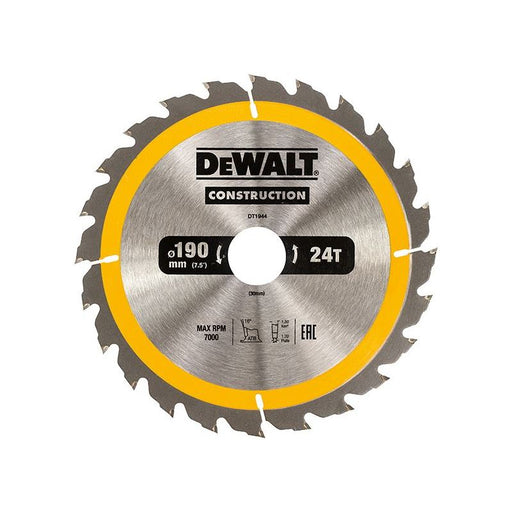 Dewalt Power Tools Portable Construction Circular Saw Blade 190 x 30mm x 24T DeWALT Power Tools - RockBottom Northampton