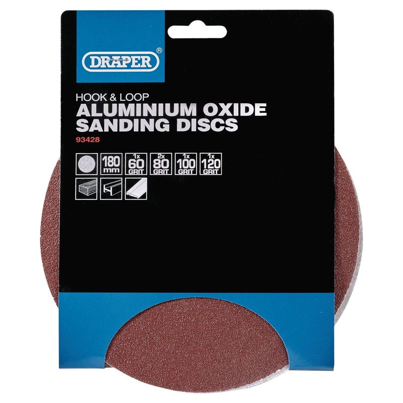 Draper Hook and Loop Aluminium Oxide Sanding Discs, 180mm, Assorted Grit (Pack o Draper - Town Tools 