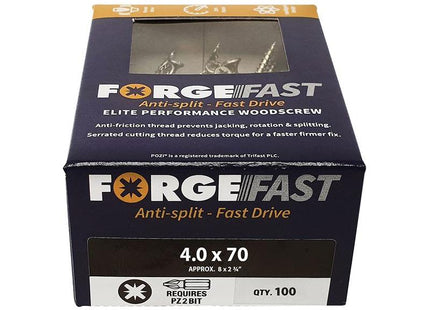 Forgefix ForgeFast Pozi Compatible Elite Performance Wood Screw ZY 4.0 x 70mm Box 100 ForgeFix - RockBottom Northampton