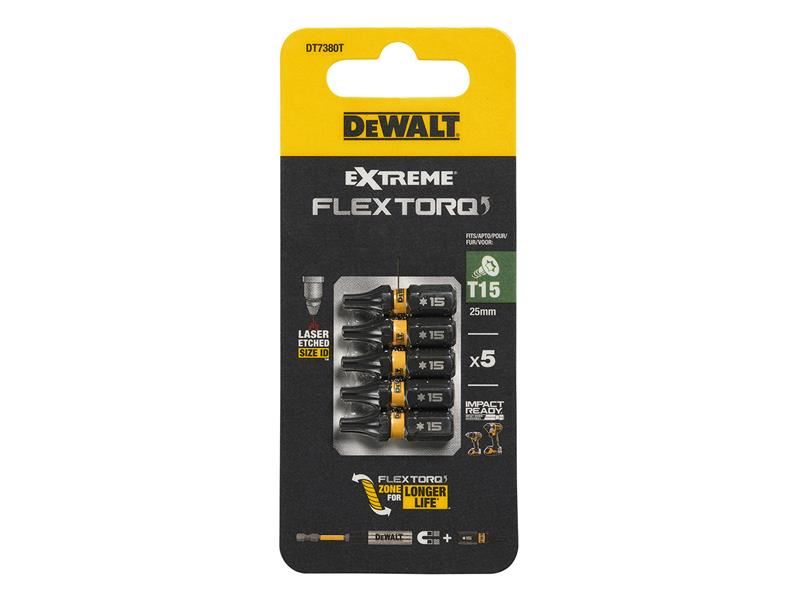 DeWALT Power Tools EXTREME FlexTORQ Bits T15 x 25mm (Pack 5) DeWALT Power Tools - RockBottom Northampton