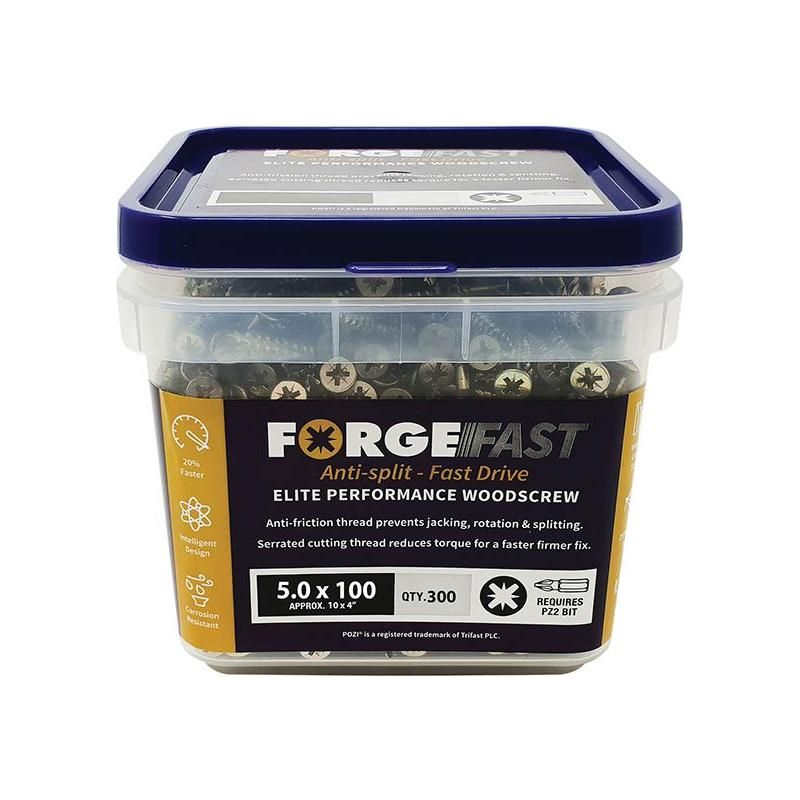 Forgefix ForgeFast Pozi Compatible Elite Performance Wood Screw ZY 5.0 x 100mm Tub 300 ForgeFix - RockBottom Northampton
