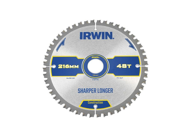 Irwin® Construction Mitre Circular Saw Blade 216 x 30mm x 48T ATB/Neg IRWIN® - RockBottom Northampton