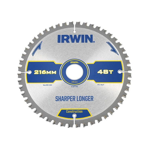 Irwin® Construction Mitre Circular Saw Blade 216 x 30mm x 48T ATB/Neg IRWIN® - RockBottom Northampton