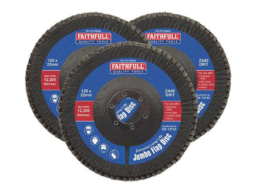 Faithfull Zirconia Abrasive Jumbo Flap Disc 125 x 22mm 80 Grit (3 Pack) Faithfull - RockBottom Northampton