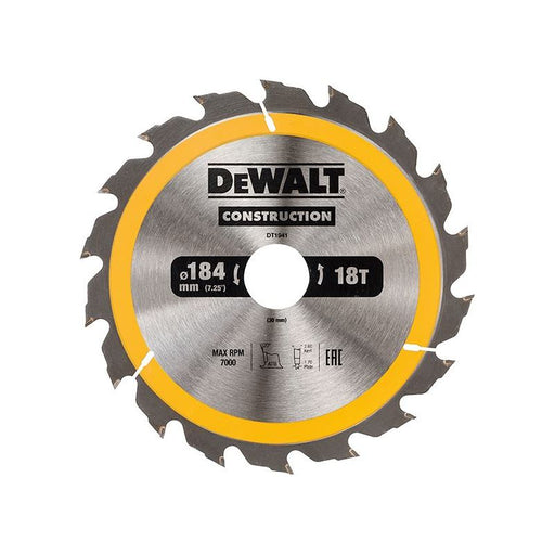Dewalt Power Tools Portable Construction Circular Saw Blade 184 x 30mm x 18T DeWALT Power Tools - RockBottom Northampton