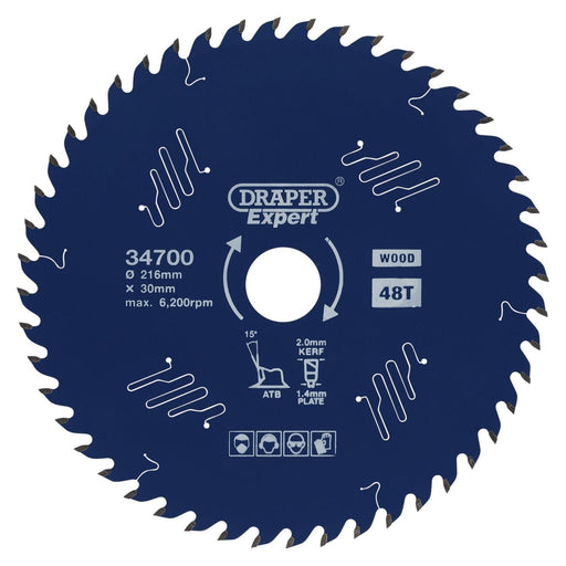 Draper Expert TCT Circular Saw Blade for Wood with PTFE Coating, 216 x 30mm, 48T Draper - Town Tools 