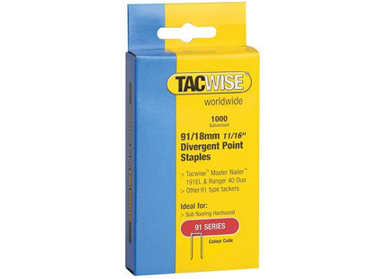 Tacwise 91 Narrow Crown Divergent Point Staples 18mm - Electric Tackers (Pack 1000) Tacwise - RockBottom Northampton