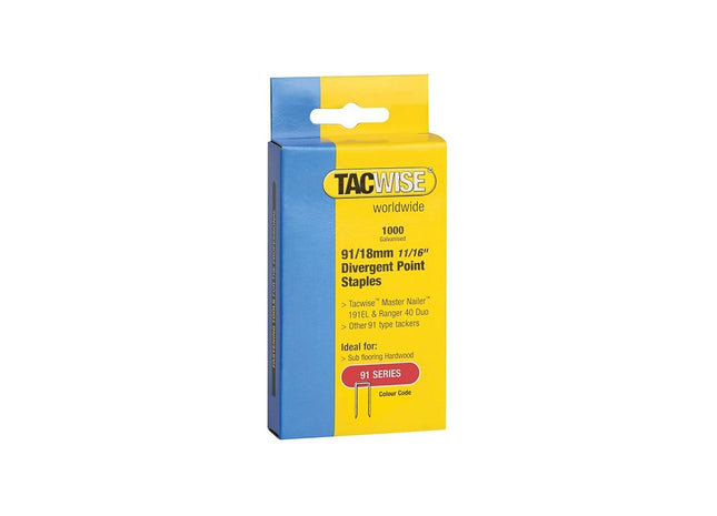 Tacwise 91 Narrow Crown Divergent Point Staples 18mm - Electric Tackers (Pack 1000) Tacwise - RockBottom Northampton