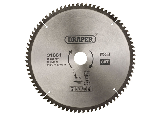 Draper TCT Triple Chip Grind Circular Saw Blade, 255 x 30mm, 80T 31881 Draper - Town Tools 