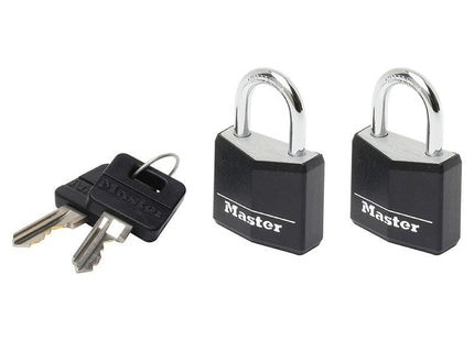 Master Lock Aluminium Black Vinyl Cover 20mm Padlock 3-Pin - Keyed Alike x 2 Master Lock - RockBottom Northampton