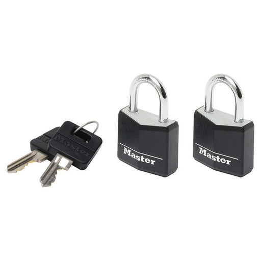 Master Lock Aluminium Black Vinyl Cover 20mm Padlock 3-Pin - Keyed Alike x 2 Master Lock - RockBottom Northampton
