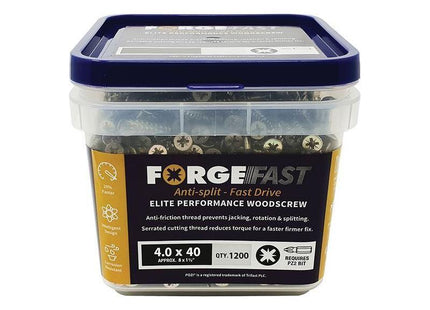 Forgefix ForgeFast Pozi Compatible Elite Performance Wood Screw ZY 4.0 x 40mm Tub 1200 ForgeFix - RockBottom Northampton