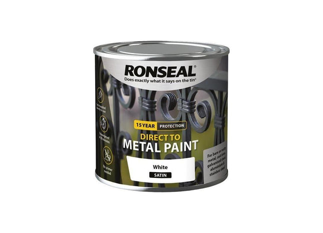 Ronseal Direct to Metal Paint White Satin 250ml Ronseal - RockBottom Nothampton