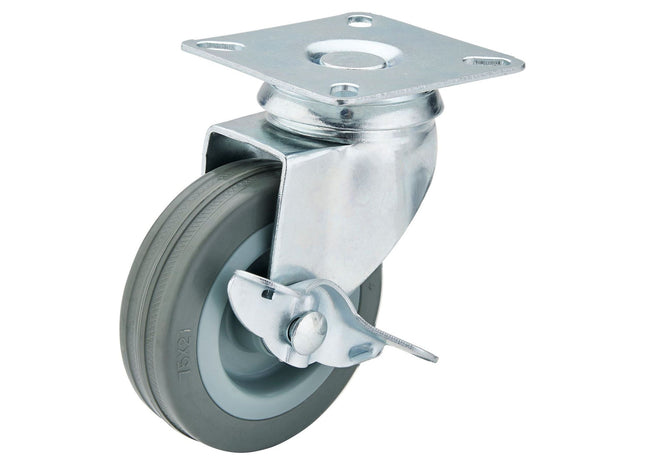 Draper Swivel Plate Fixing Rubber Castor with Brake, 75mm Diameter, S.W.L. 70kg Draper - Town Tools