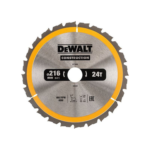 Dewalt Power Tools Stationary Construction Circular Saw Blade 216 x 30mm x 24T ATB/Neg DeWALT Power Tools - RockBottom Northampton