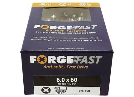 Forgefix ForgeFast Pozi Compatible Elite Performance Wood Screw ZY 6.0 x 60mm Box 100 ForgeFix - RockBottom Northampton