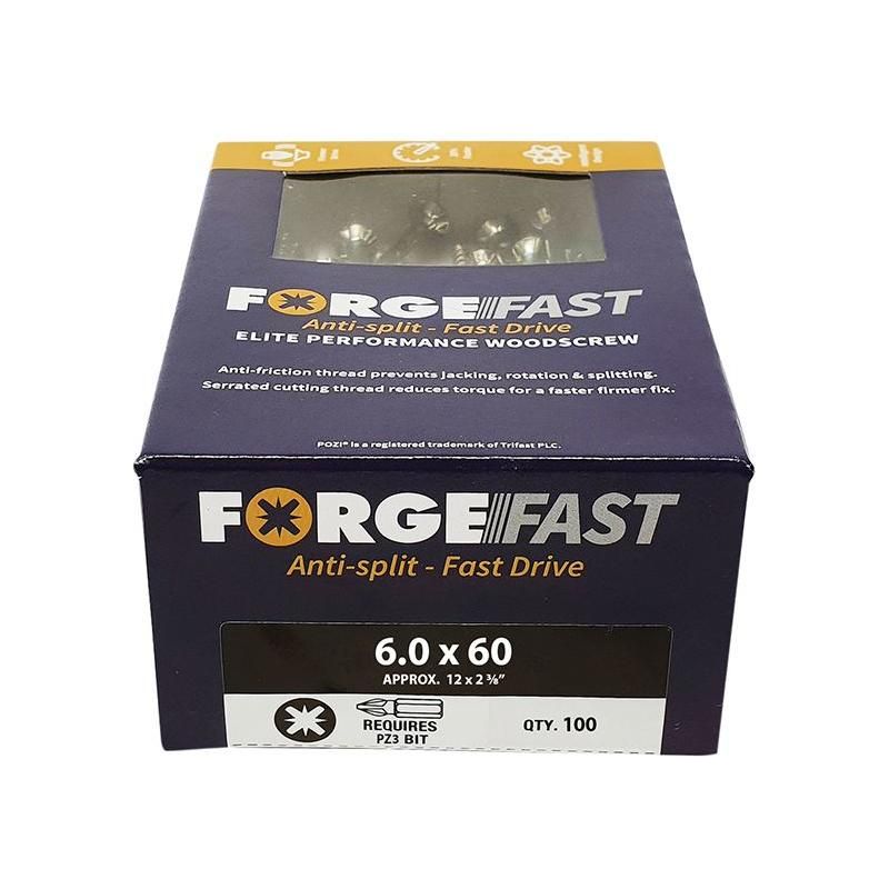 Forgefix ForgeFast Pozi Compatible Elite Performance Wood Screw ZY 6.0 x 60mm Box 100 ForgeFix - RockBottom Northampton