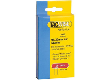Tacwise 91 Narrow Crown Staples 20mm - Electric Tackers (Pack 1000) Tacwise - RockBottom Northampton
