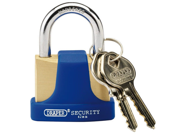 Draper Solid Brass Padlock and 2 Keys with Hardened Steel Shackle and Bumper, 42 Draper - Town Tools 