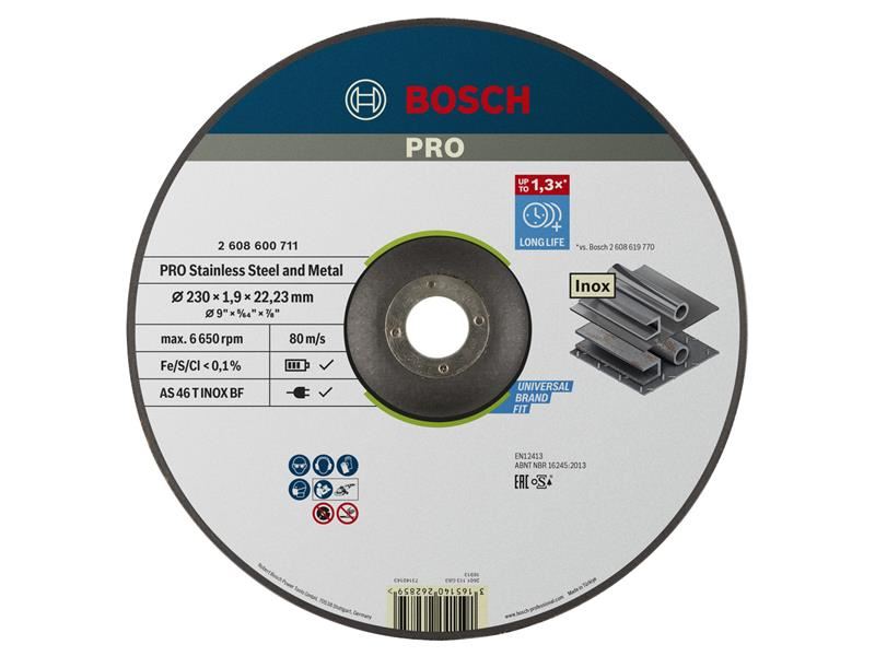 Bosch Powertool Accessories PRO Stainless Steel & Metal Bonded Cutting Disc, Depressed Centre 230 x 22.23mm Bosch Powertool Accessories - RockBottom Northampton