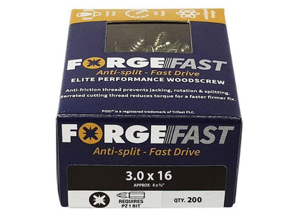 Forgefix ForgeFast Pozi Compatible Elite Performance Wood Screw ZY 3.0 x 16mm Box 200 ForgeFix - RockBottom Northampton
