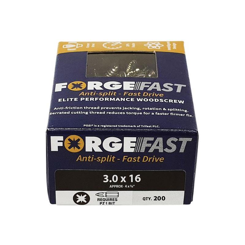Forgefix ForgeFast Pozi Compatible Elite Performance Wood Screw ZY 3.0 x 16mm Box 200 ForgeFix - RockBottom Northampton