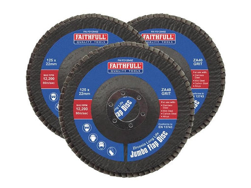 Faithfull Zirconia Abrasive Jumbo Flap Disc 125 x 22mm 40 Grit (3 Pack) Faithfull - RockBottom Northampton