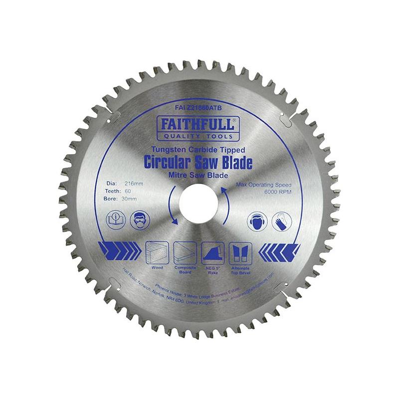 Faithfull TCT Cross Cut Mitre Saw Blade 216 x 30mm x 60T NEG Faithfull - RockBottom Northampton