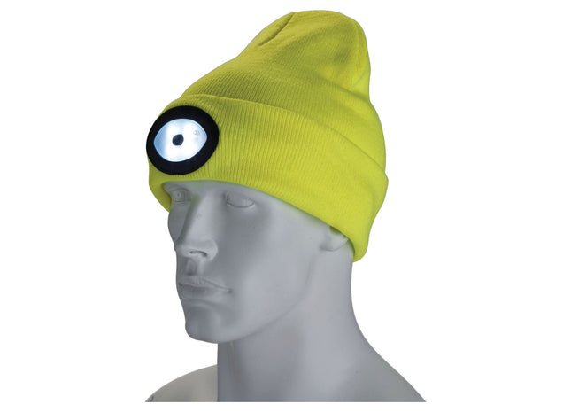 Draper Beanie Hat with Rechargeable Torch, One Size, 1W, 100 Lumens, High-vis Ye Draper - Town Tools 