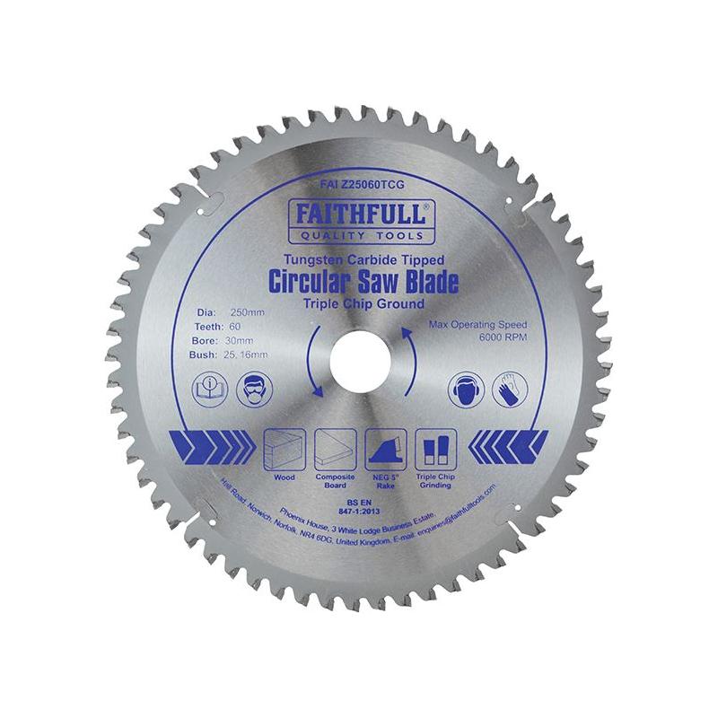 Faithfull TCT Circular Saw Blade Triple Chip Ground 250 x 30mm x 60T NEG Faithfull - RockBottom Northampton