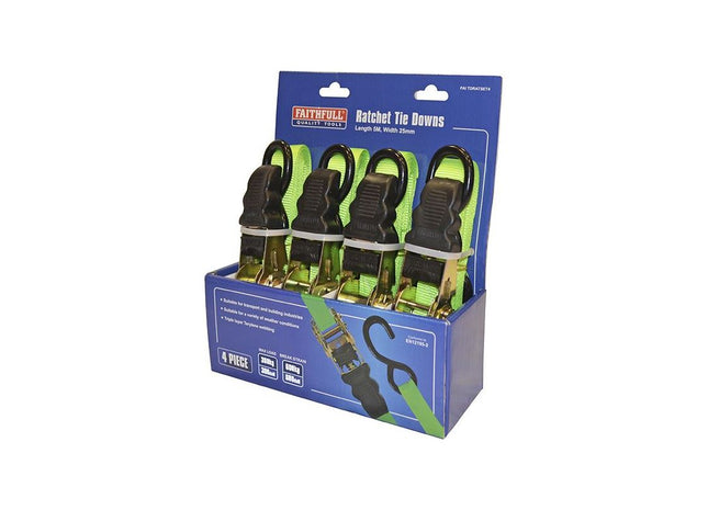 Faithfull Ratchet Tie-Downs 5m x 25mm Green 4 Piece Faithfull - RockBottom Northampton