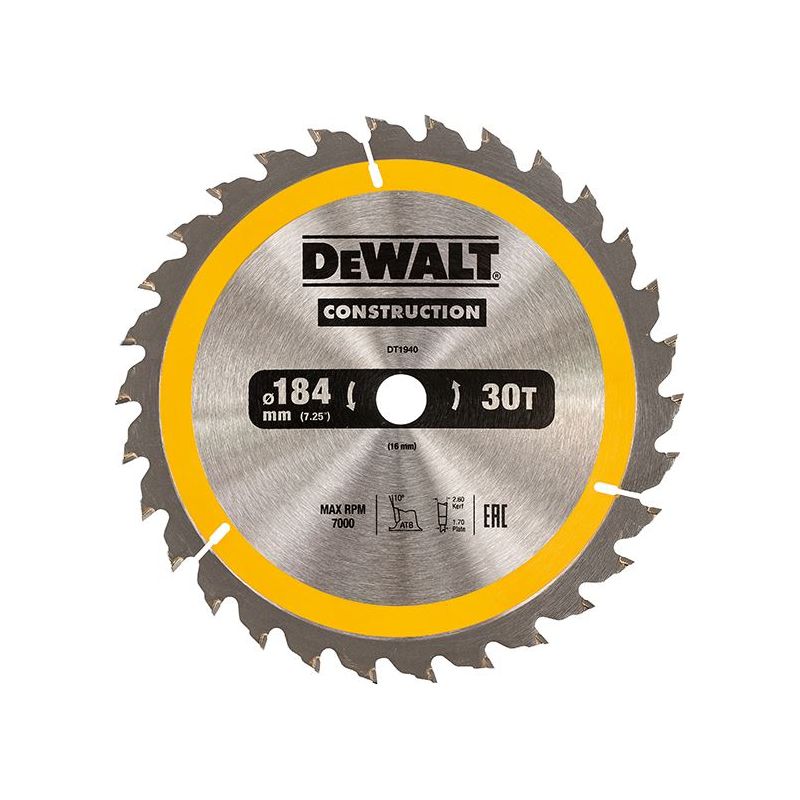 Dewalt Power Tools Portable Construction Circular Saw Blade 184 x 16mm x 30T DeWALT Power Tools - RockBottom Northampton