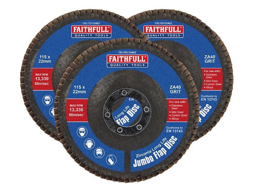 Faithfull Zirconia Abrasive Jumbo Flap Disc 115 x 22mm 40 Grit (3 Pack) Faithfull - RockBottom Northampton