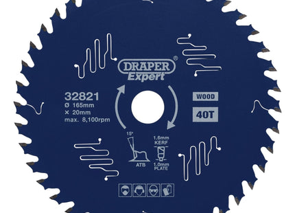 Draper Expert TCT Circular Saw Blade for Wood with PTFE Coating, 165 x 20mm, 40T Draper - Town Tools 