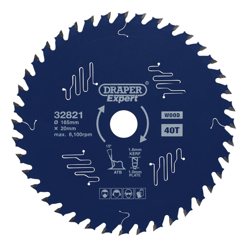 Draper Expert TCT Circular Saw Blade for Wood with PTFE Coating, 165 x 20mm, 40T Draper - Town Tools 