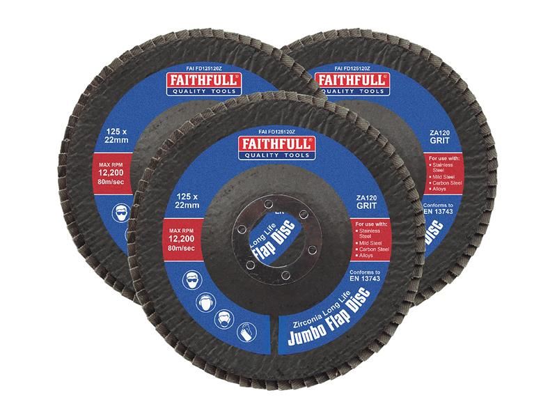 Faithfull Zirconia Abrasive Jumbo Flap Disc 125 x 22mm 120 Grit (3 Pack) Faithfull - RockBottom Northampton