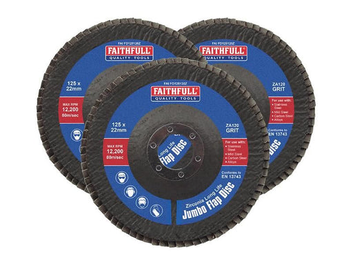 Faithfull Zirconia Abrasive Jumbo Flap Disc 125 x 22mm 120 Grit (3 Pack) Faithfull - RockBottom Northampton