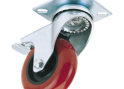 Draper Swivel Plate Fixing Polyurethane Wheel with Brake, 75mm Diameter, S.W.L. Draper - Town Tools 