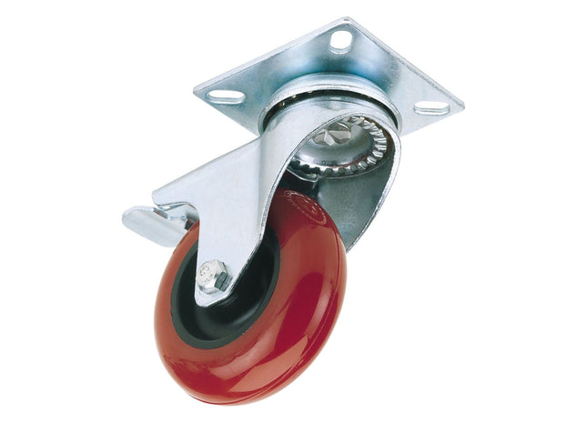 Draper Swivel Plate Fixing Polyurethane Wheel with Brake, 75mm Diameter, S.W.L. Draper - Town Tools 