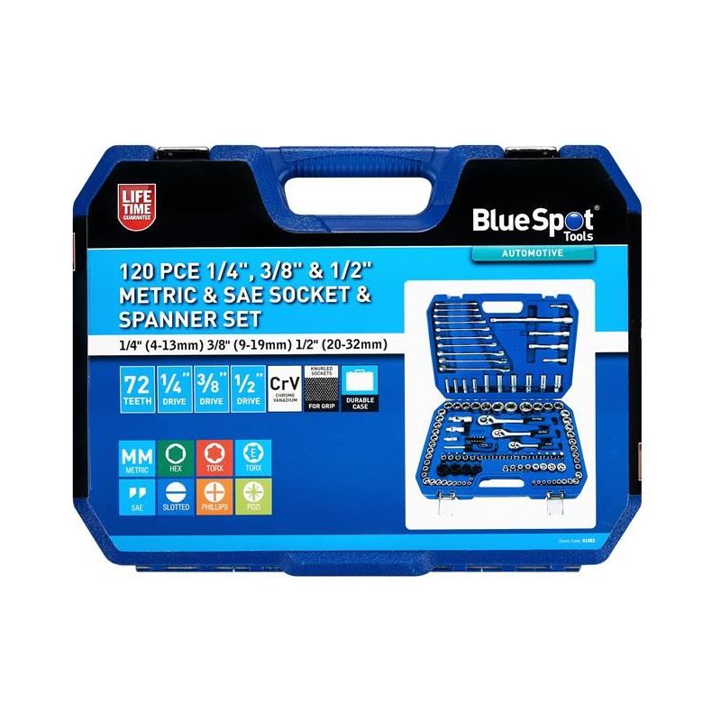 Bluespot Tools 1/2in, 3/8in & 1/4in Metric Socket Set, 120 Piece BlueSpot Tools - RockBottom Northampton